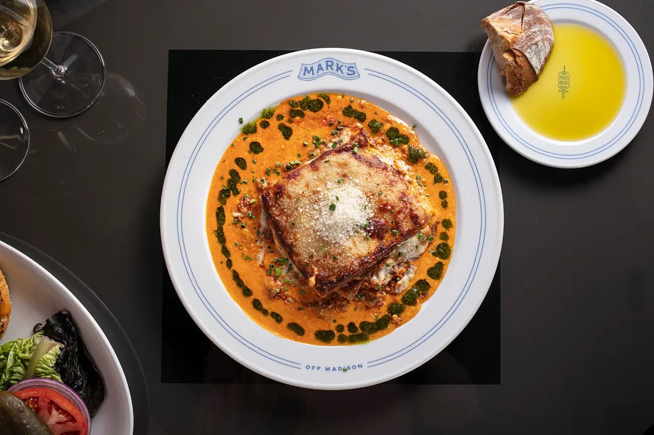 Lasagne della Nonna on a Mark’s plate, seen from above